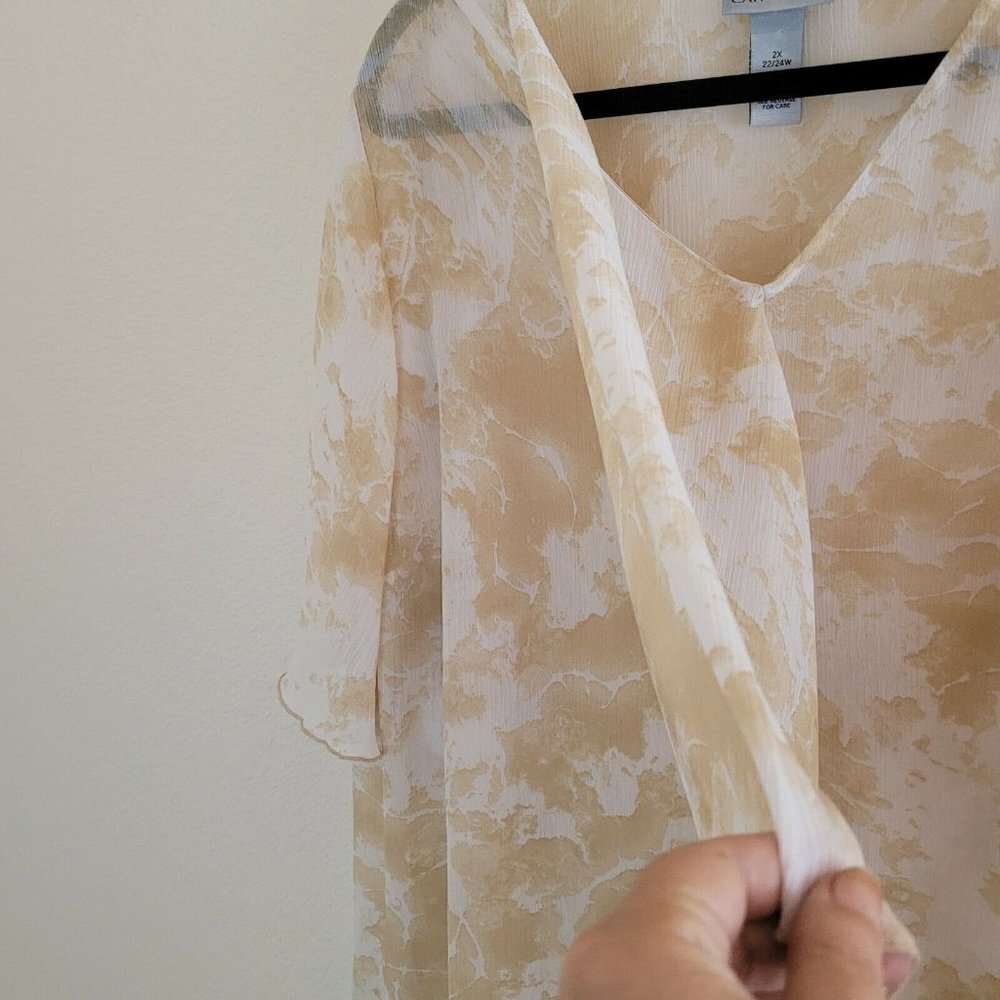 Catherines Tan & White Printed V-Neck Flutter Sleeve Draped Blouse Size 2X - Picture 6 of 11